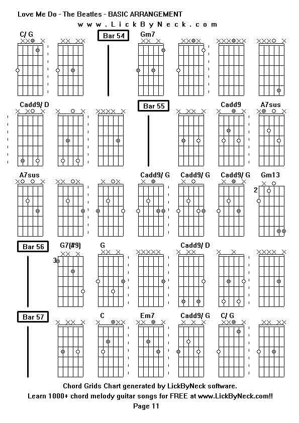 Chord Grids Chart of chord melody fingerstyle guitar song-Love Me Do - The Beatles - BASIC ARRANGEMENT,generated by LickByNeck software.